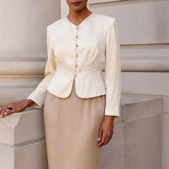Vintage Papell Size 6P 2-Piece Silk Satin Brocade Skirt Suit w/ Blazer Jacket - Picture 1 of 10